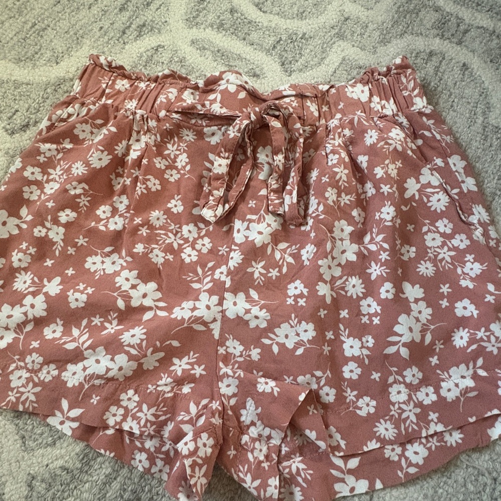 Ambiance Apparel Floral Shorts Womens L Elastic Waist Tie Boho Summer